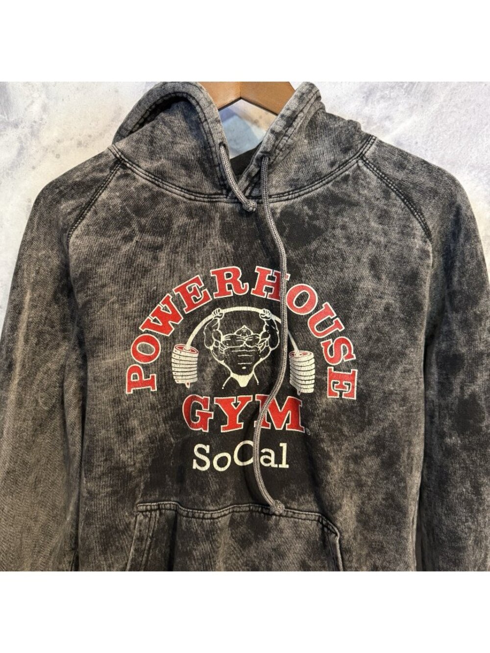 Powerhouse Gym SoCal Logo Graphic Hoodie Mens S Black Gray Patterned Workout